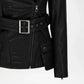 Black leather jacket with a belt and zipper on a white background