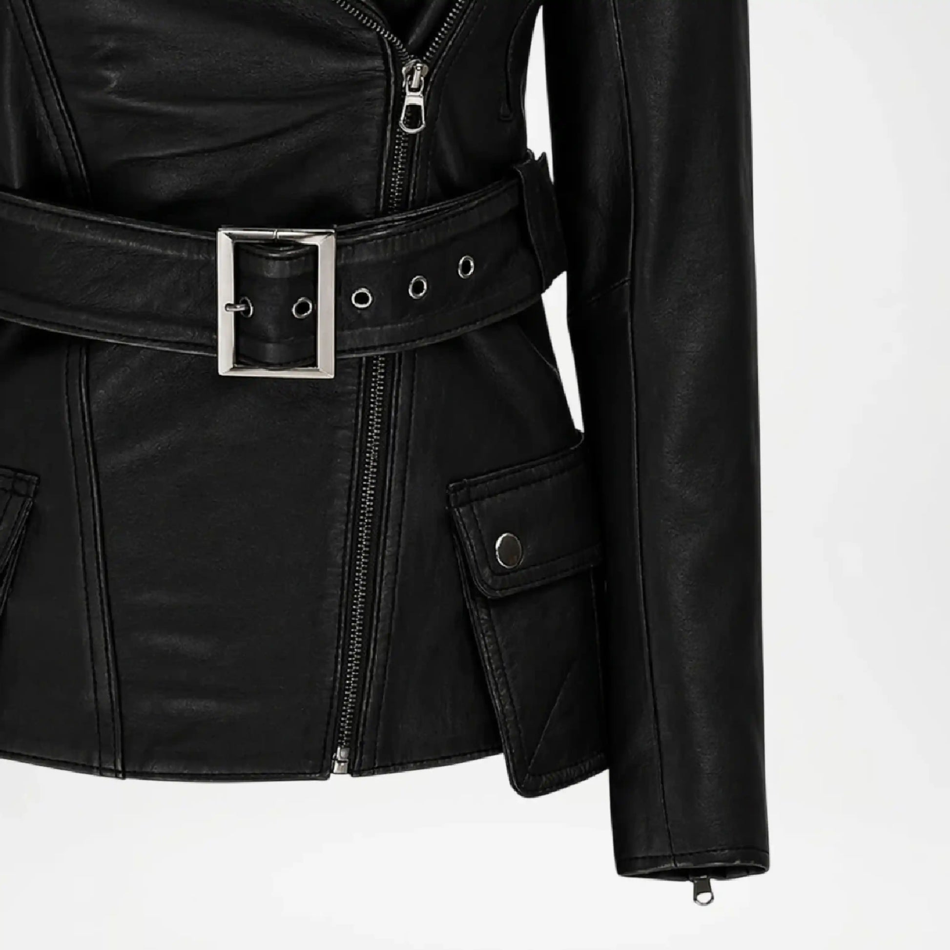 Black leather jacket with a belt and zipper on a white background