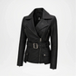 Black leather jacket with a belt on a white background