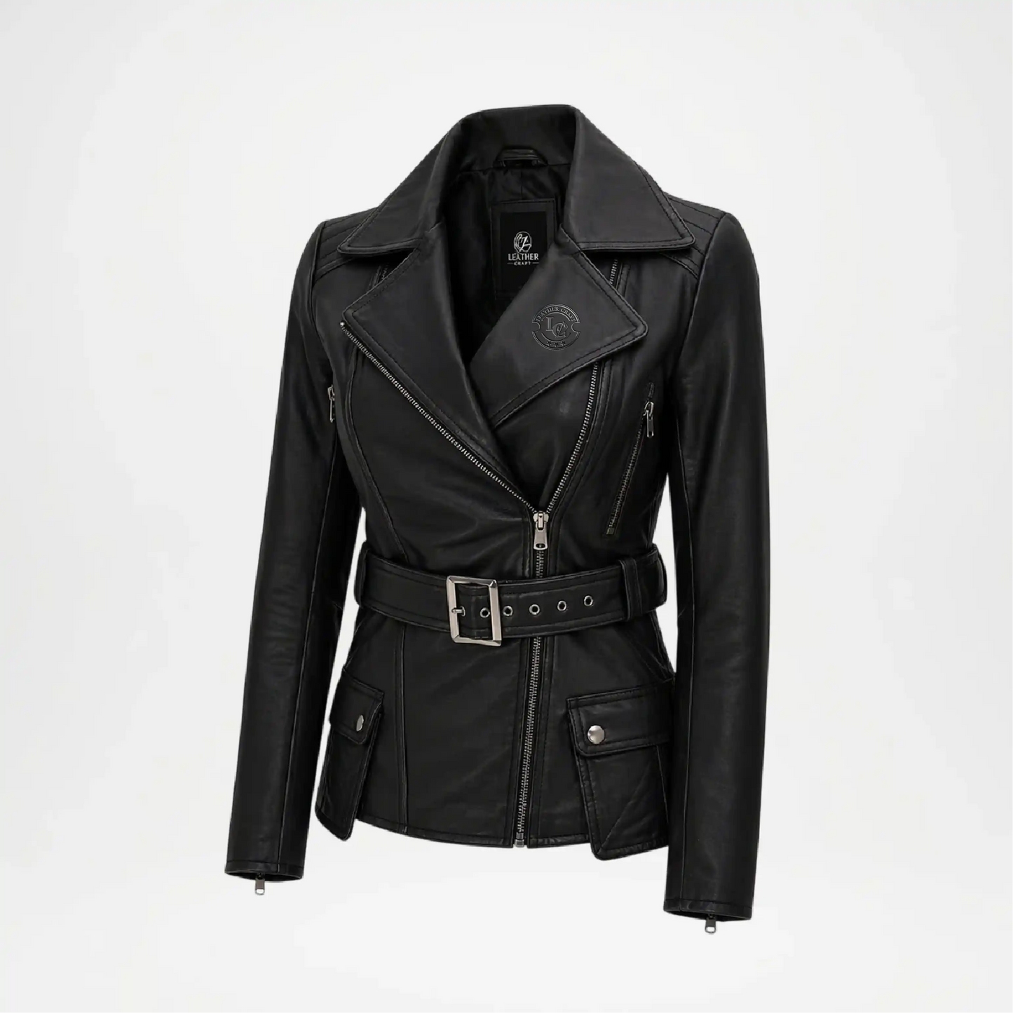 Black leather jacket with a belt on a white background