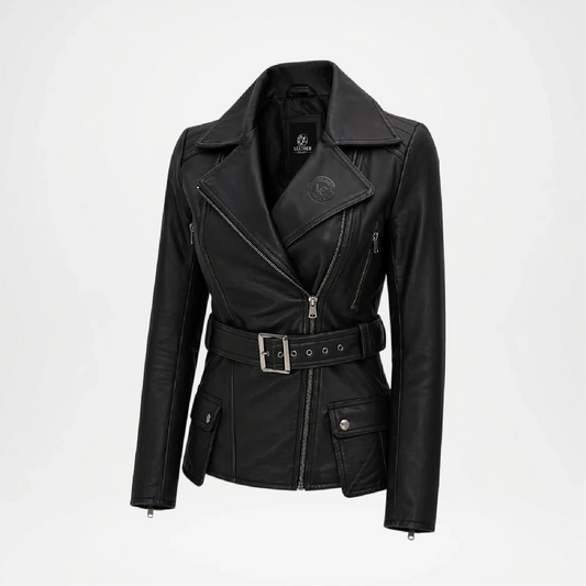 Black leather jacket with a belt on a white background