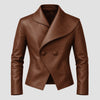 A brown faux leather double-breasted jacket with a wide collar and asymmetrical wrap front, displayed on a neutral light gray background.