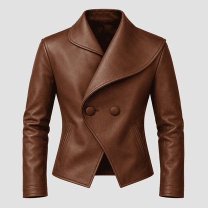 A brown faux leather double-breasted jacket with a wide collar and asymmetrical wrap front, displayed on a neutral light gray background.