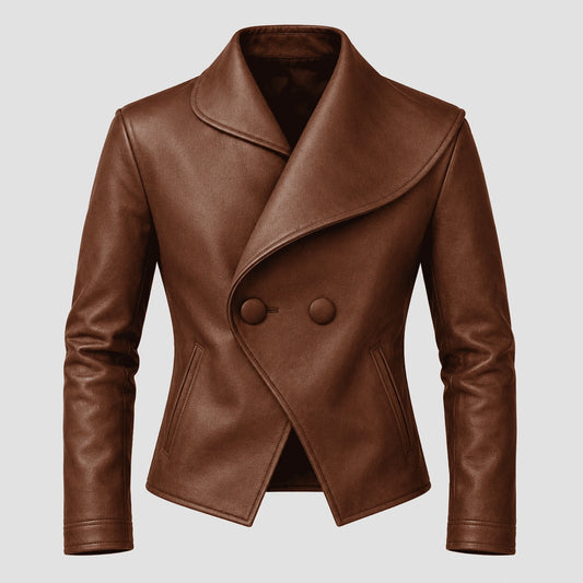 A brown faux leather double-breasted jacket with a wide collar and asymmetrical wrap front, displayed on a neutral light gray background.