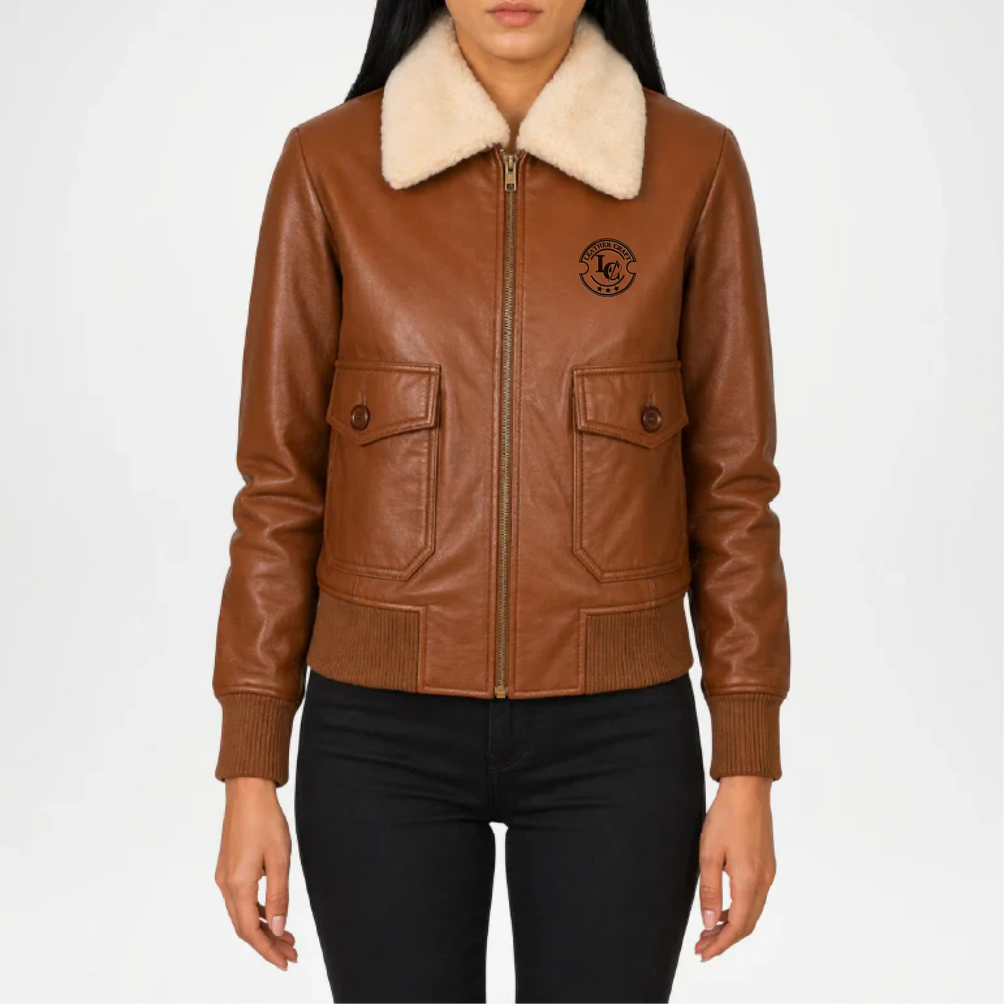 Brown Leather Bomber Jacket for Women
