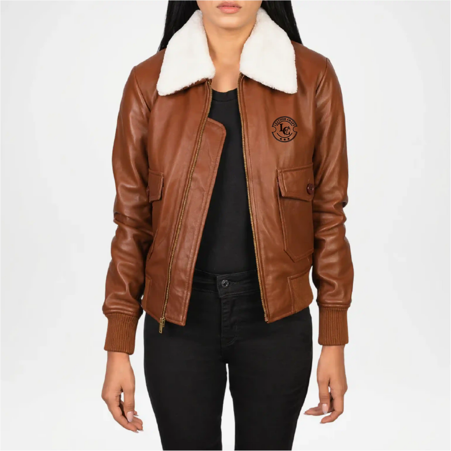 Brown Leather Bomber Jacket for Women