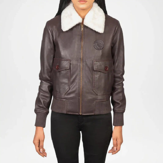 Brown leather jacket with white fur collar
