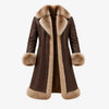 A brown shearling-style coat with a large tan fur collar, cuffs, and hem, shown on a plain light gray background.