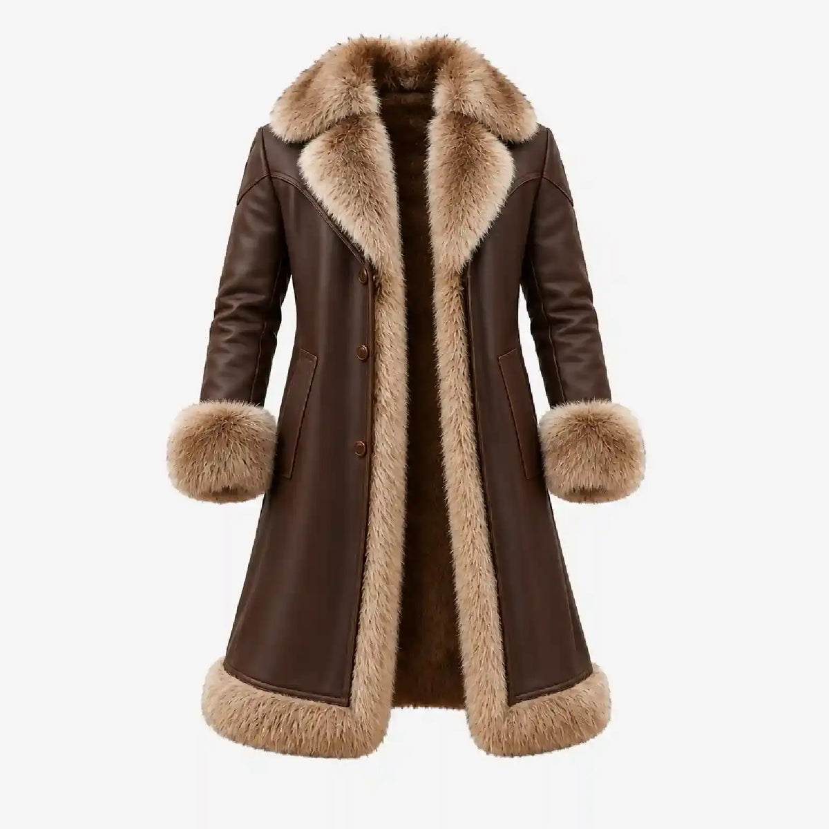 A brown shearling-style coat with a large tan fur collar, cuffs, and hem, shown on a plain light gray background.