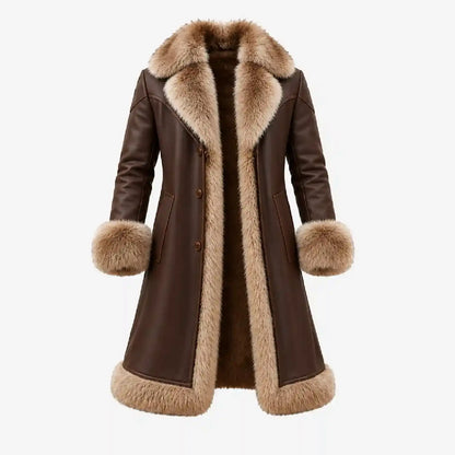 A brown shearling-style coat with a large tan fur collar, cuffs, and hem, shown on a plain light gray background.