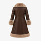 A dark brown faux-leather coat with beige fur trim on the collar, cuffs, and hem, shown from the back against a light gray background.