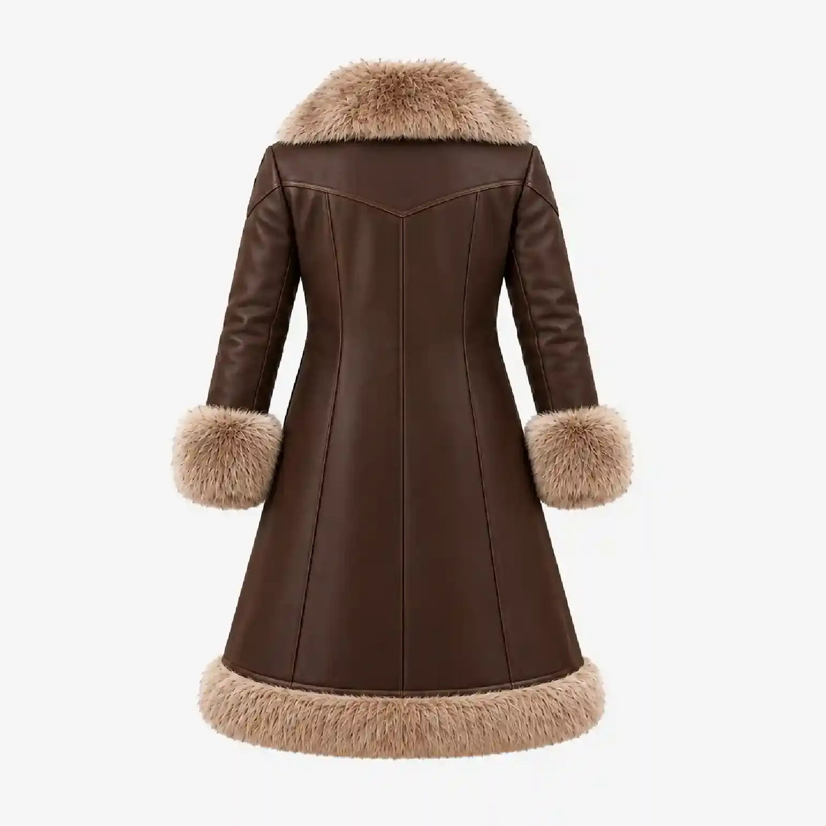 A dark brown faux-leather coat with beige fur trim on the collar, cuffs, and hem, shown from the back against a light gray background.