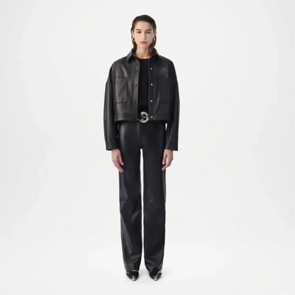 Black Leather Flare Pants for Women
