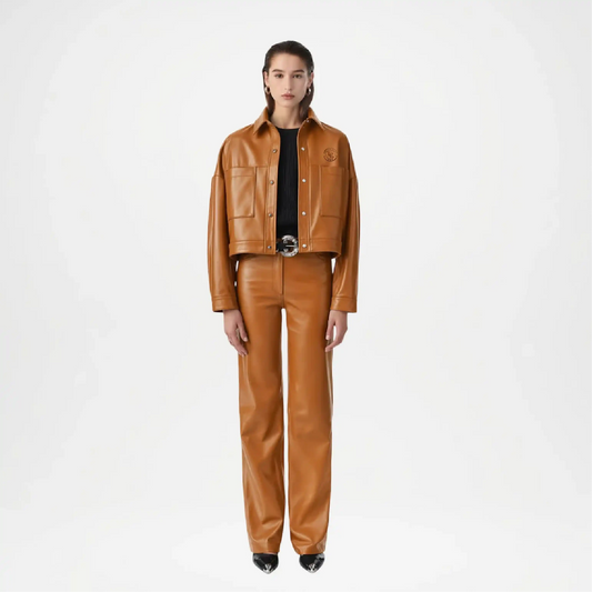 Brown Leather Flare Pants for Women
