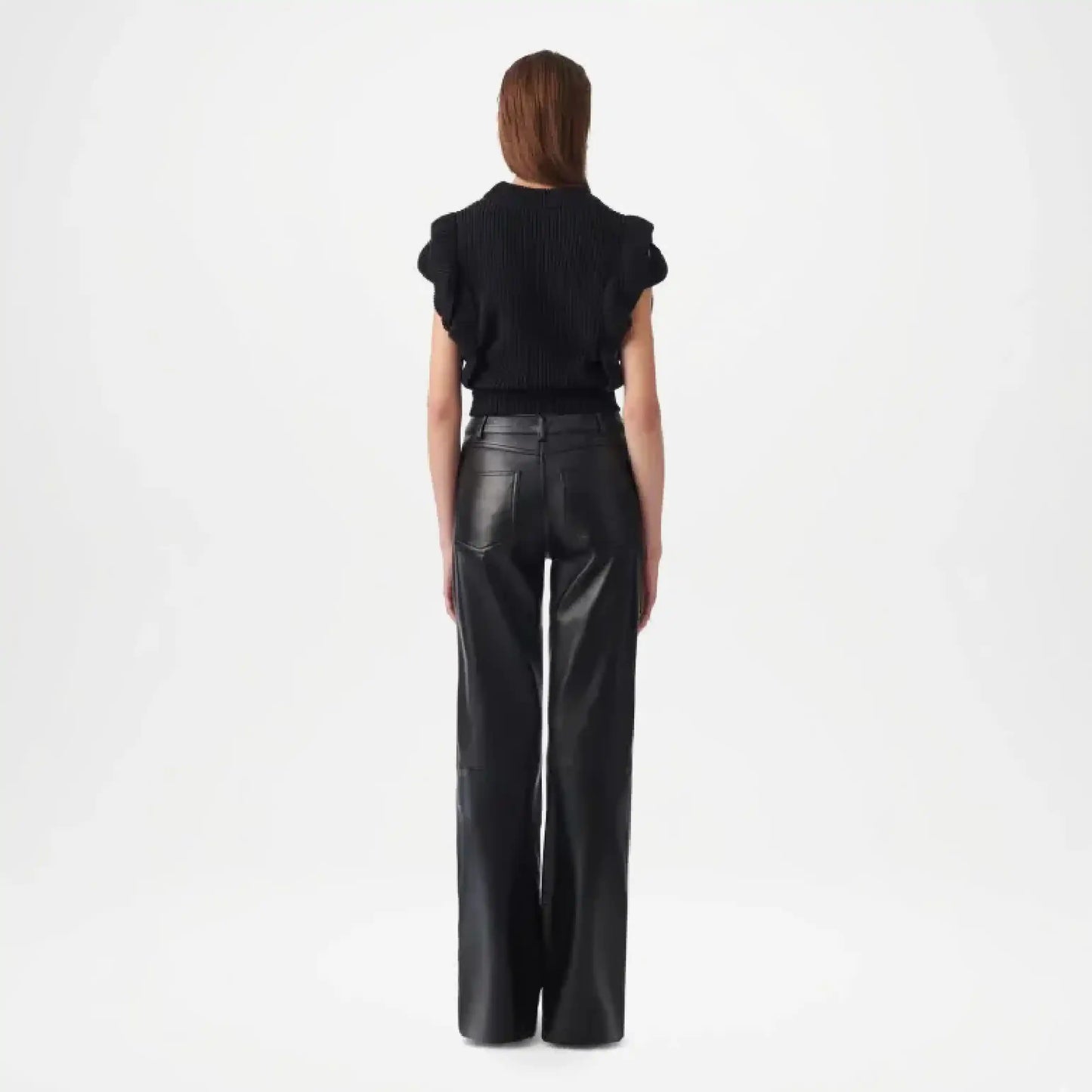 black leather flare pants back view
