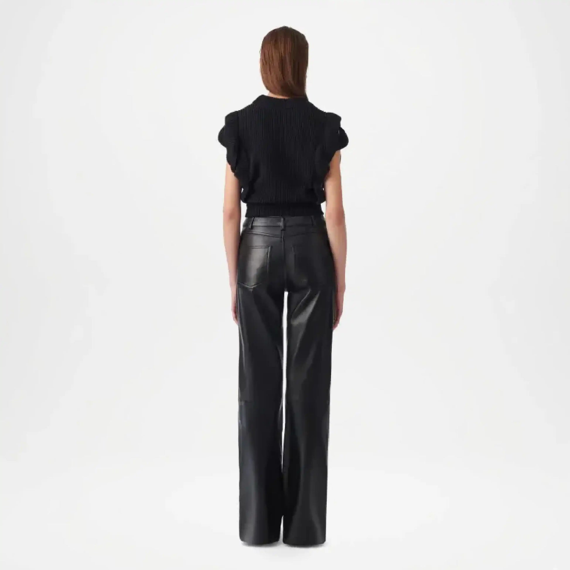 black leather flare pants back view
