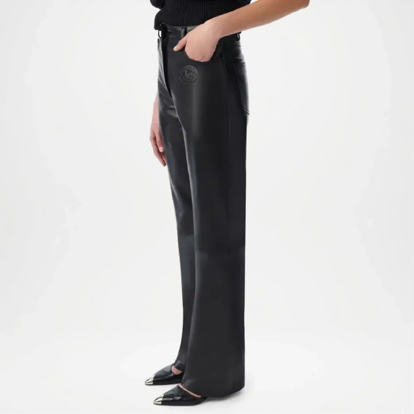 black leather flare jeans women
