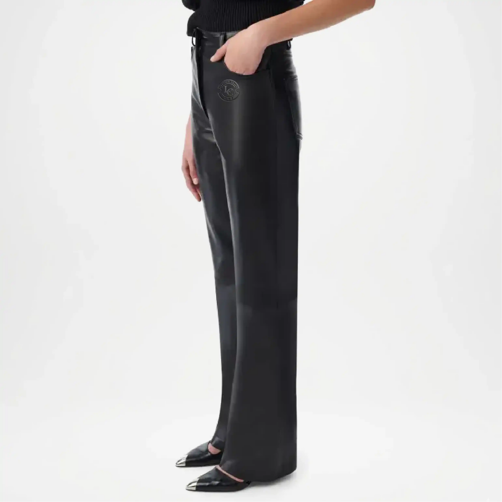 black leather flare jeans women
