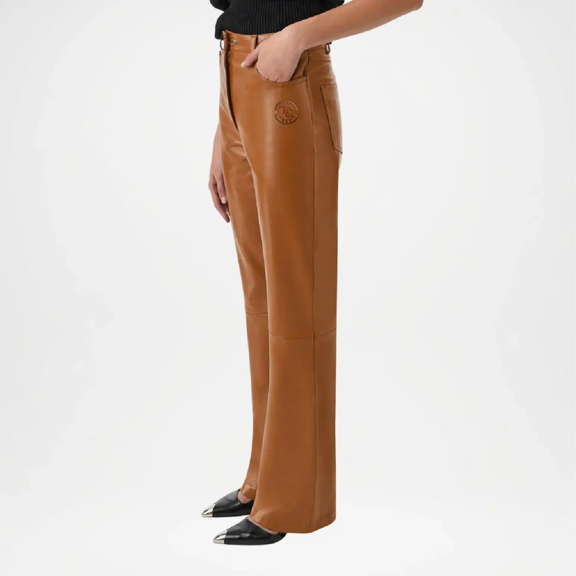 brown leather wide leg pants women
