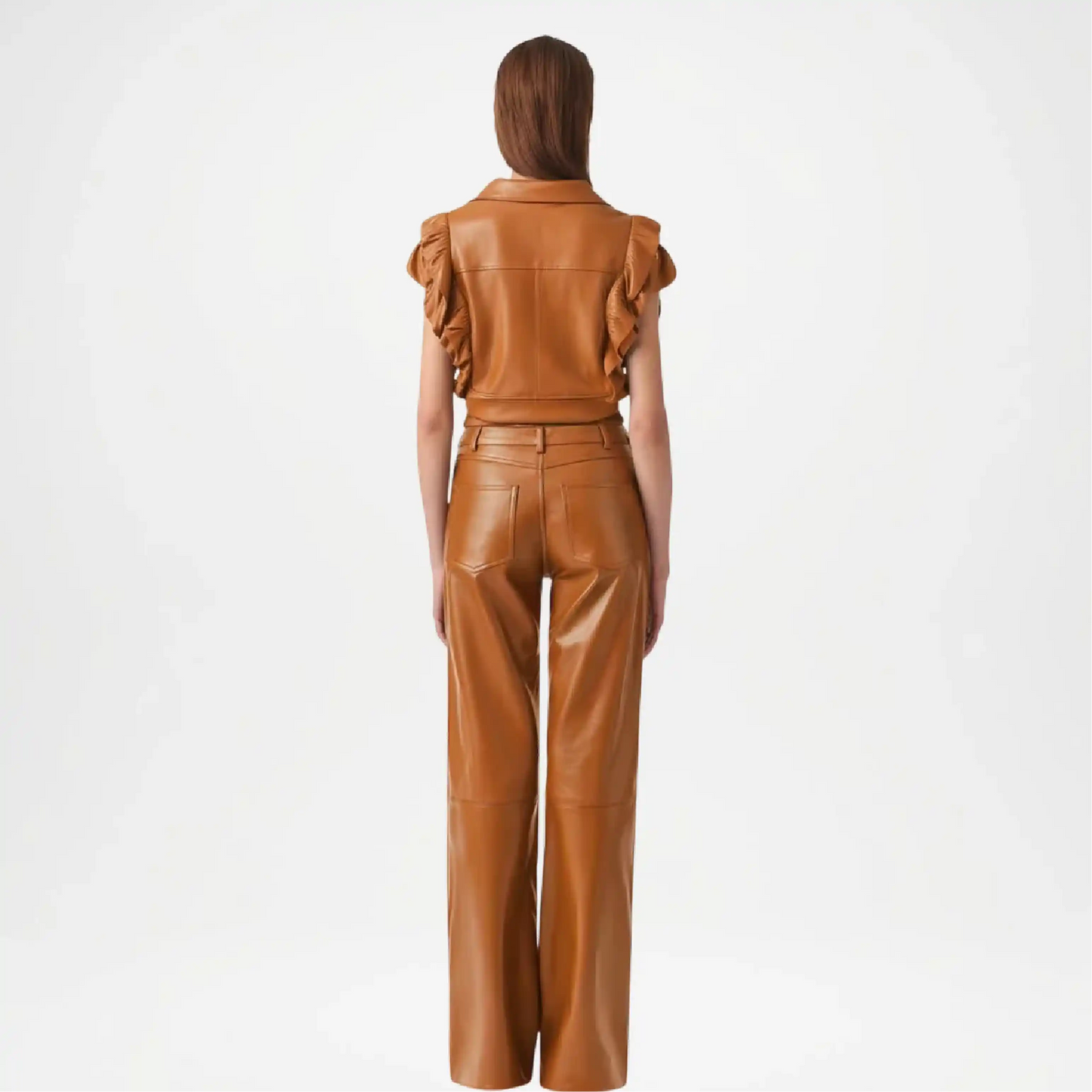 Brown Leather Flare Pants for Women
back side view