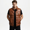 mens brown leather puffer vest