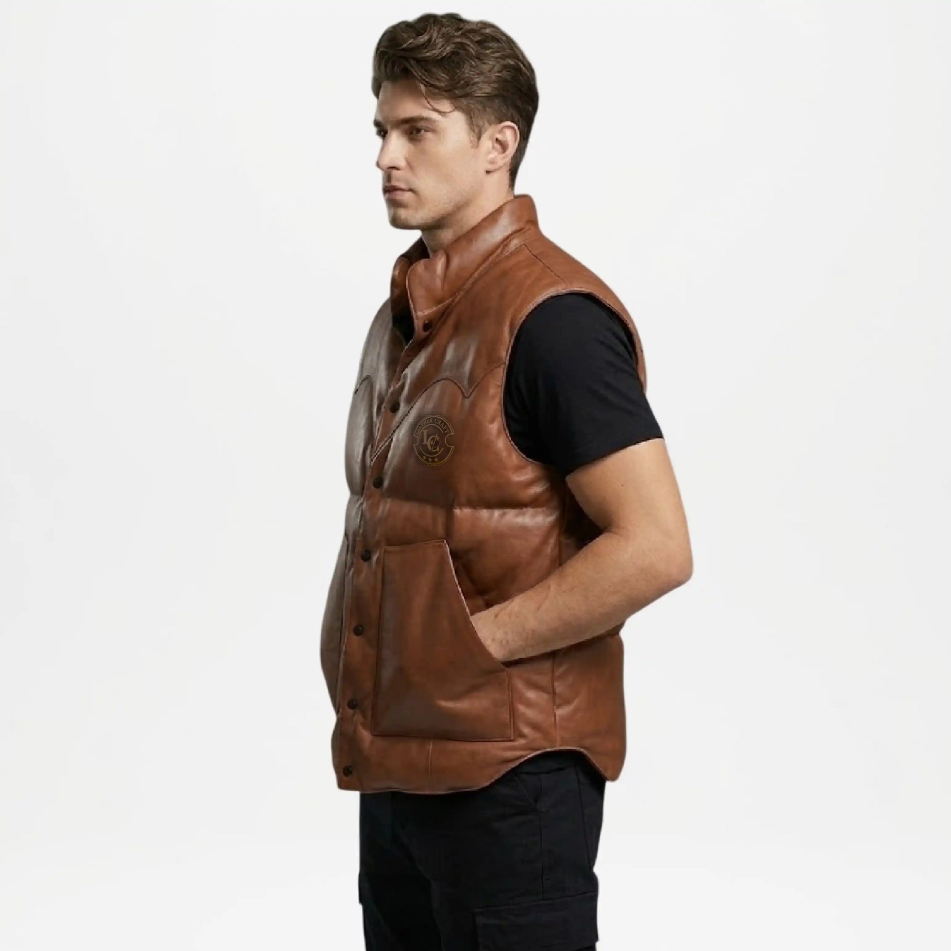 brown leather gilet men real leather
