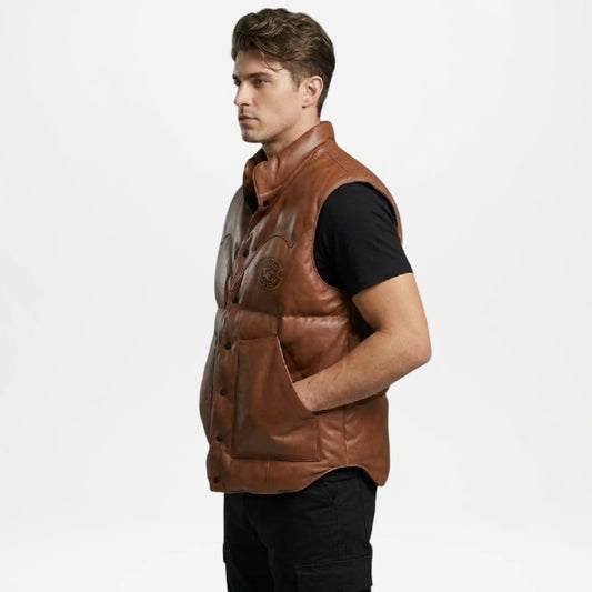 Brown Leather Puffer Vest Men Real Leather Gilet