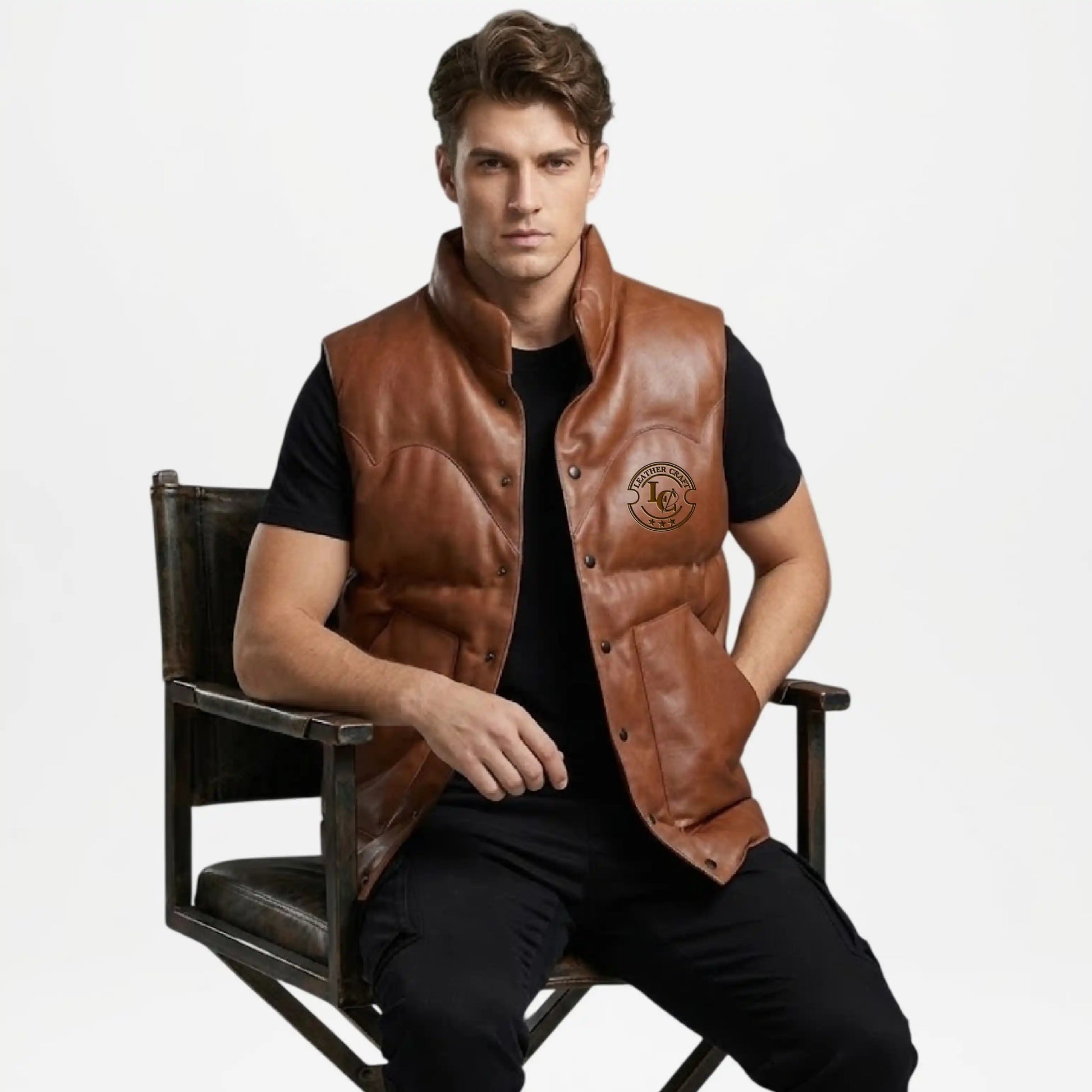 mens brown puffer style leather vest