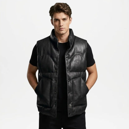 mens black leather puffer vest