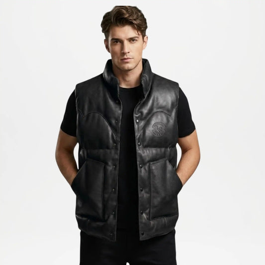mens black leather puffer vest