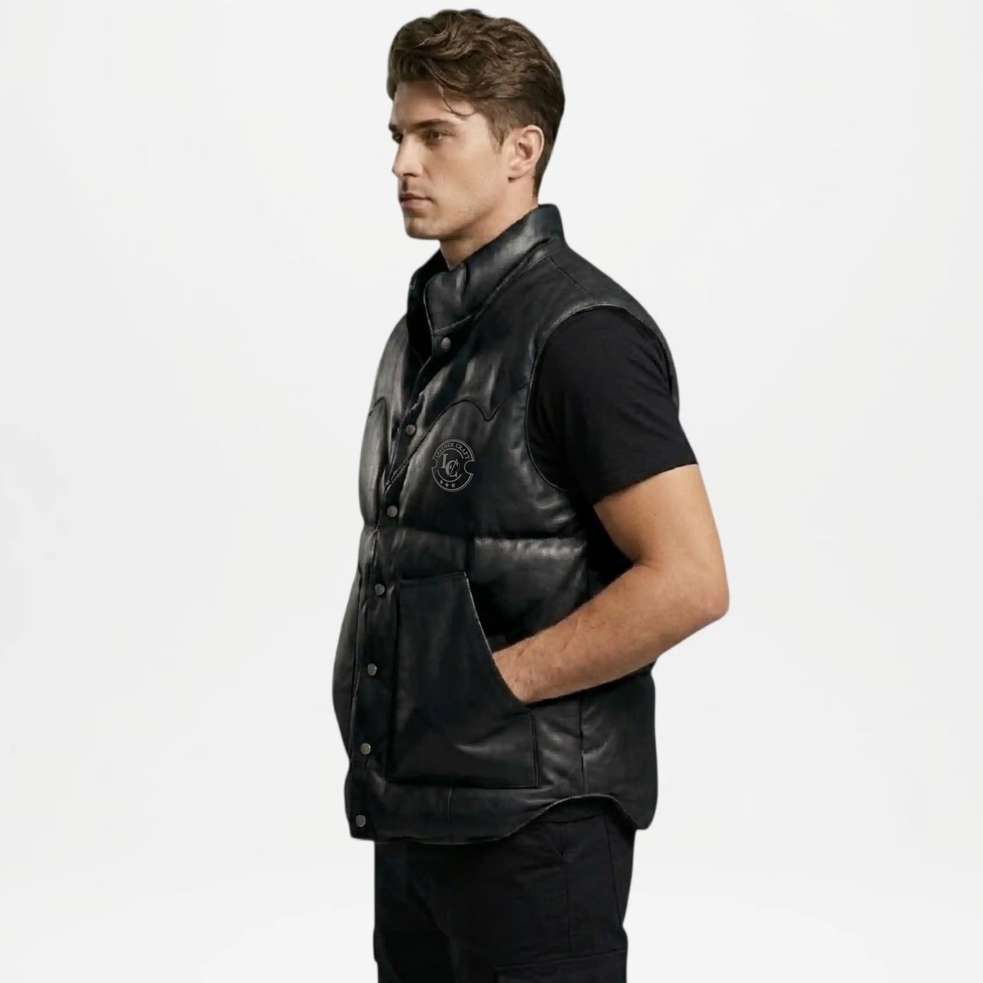 mens black puffer style leather vest