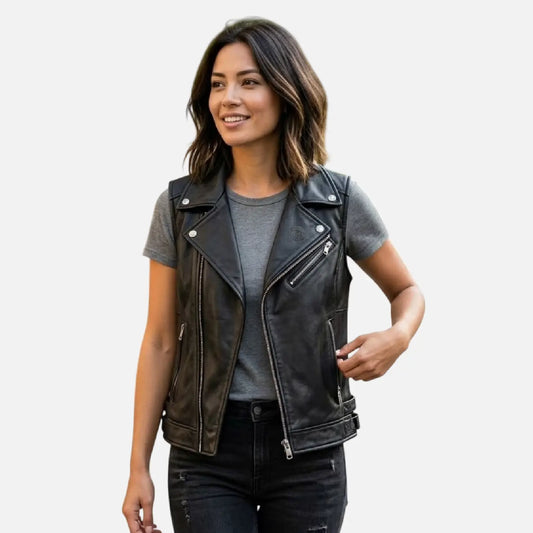 Black Leather Biker Vest Women Sleeveless Moto Style Jacket