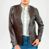 womens brown mandarin collar leather coat
