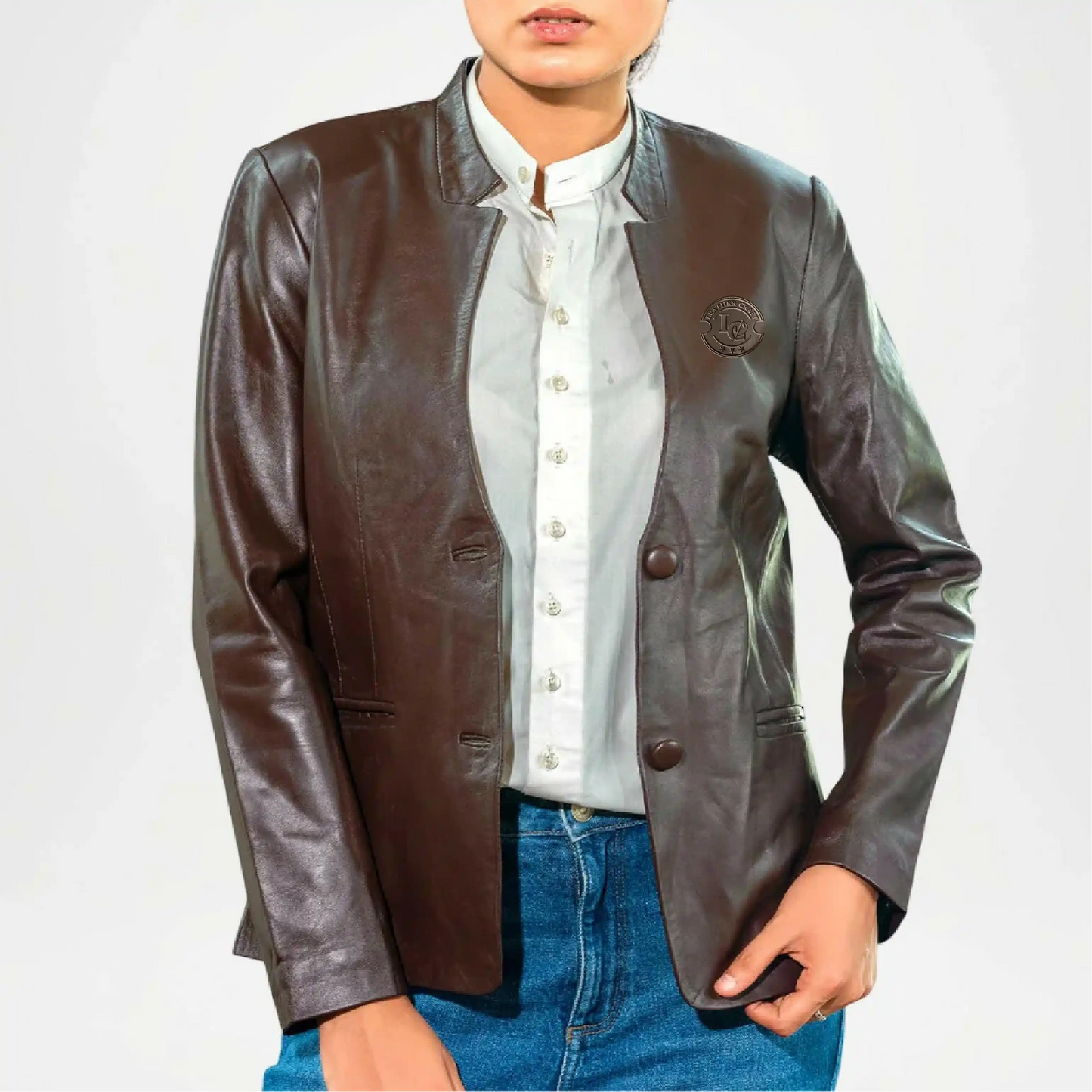 womens brown mandarin collar leather coat