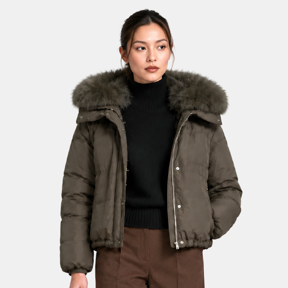 Brown Puffer Jacket with Fur Collar For Women
