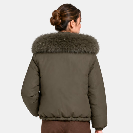 Back View Of Brown Puffer Jacket with Fur Collar For Women 