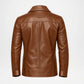 A brown leather jacket shown from the back, featuring a collar, long sleeves, and a central seam, displayed on a clean white background.