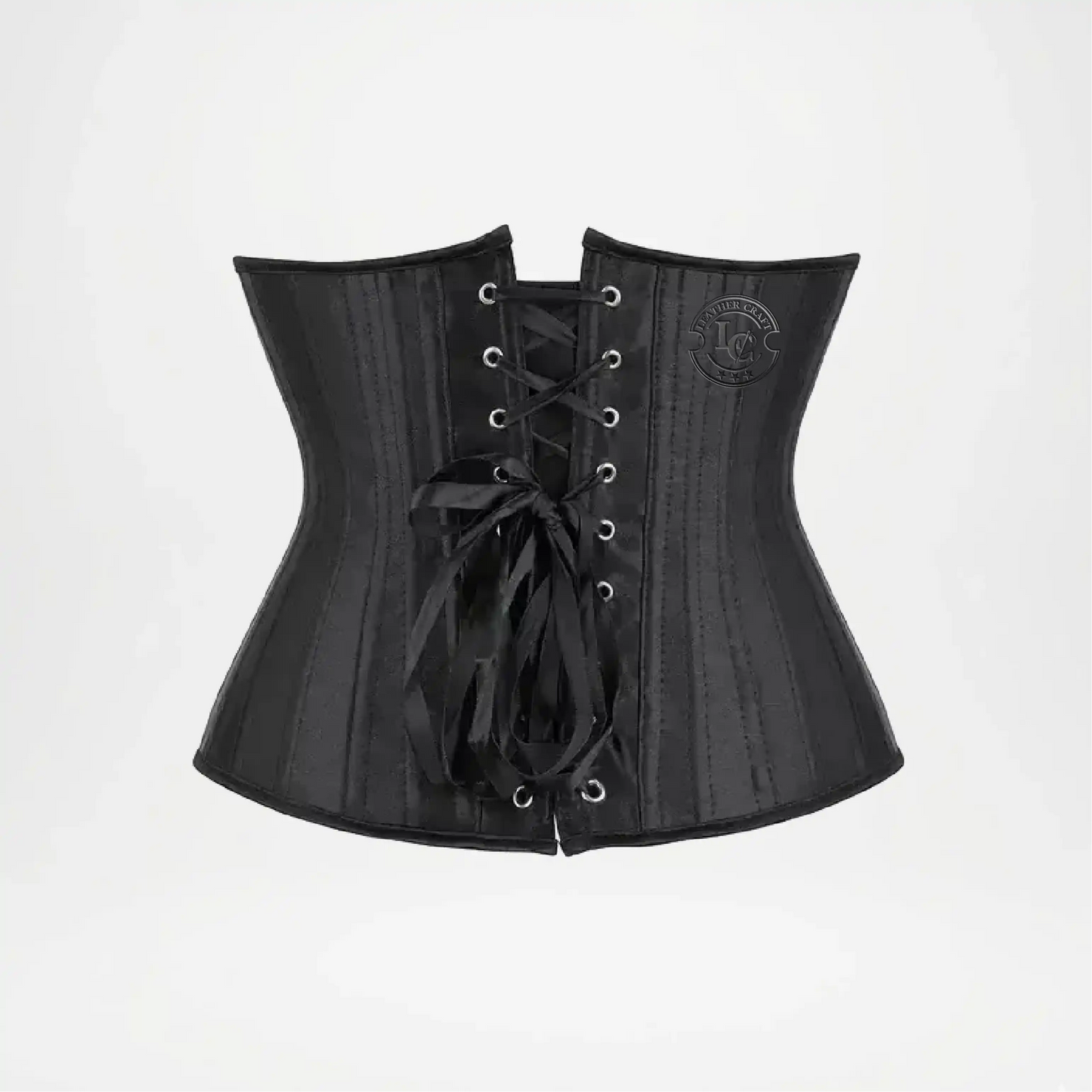 Black corset with lace-up front on a white background