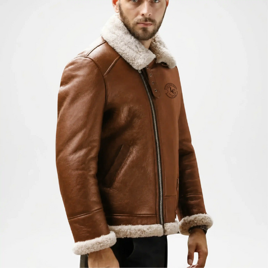 Brown Shearling Aviator Bomber Jacket for Men