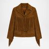 A brown suede fringe jacket with a notched lapel collar, front button closure, and long fringe detailing across the chest and hanging from the cuffs, shown on a plain light gray background.