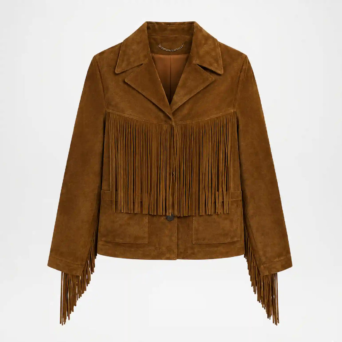 A brown suede fringe jacket with a notched lapel collar, front button closure, and long fringe detailing across the chest and hanging from the cuffs, shown on a plain light gray background.