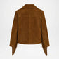A brown suede fringe jacket shown from the back, featuring a collar and long sleeves with fringe detailing hanging from the cuffs, set against a plain white background.