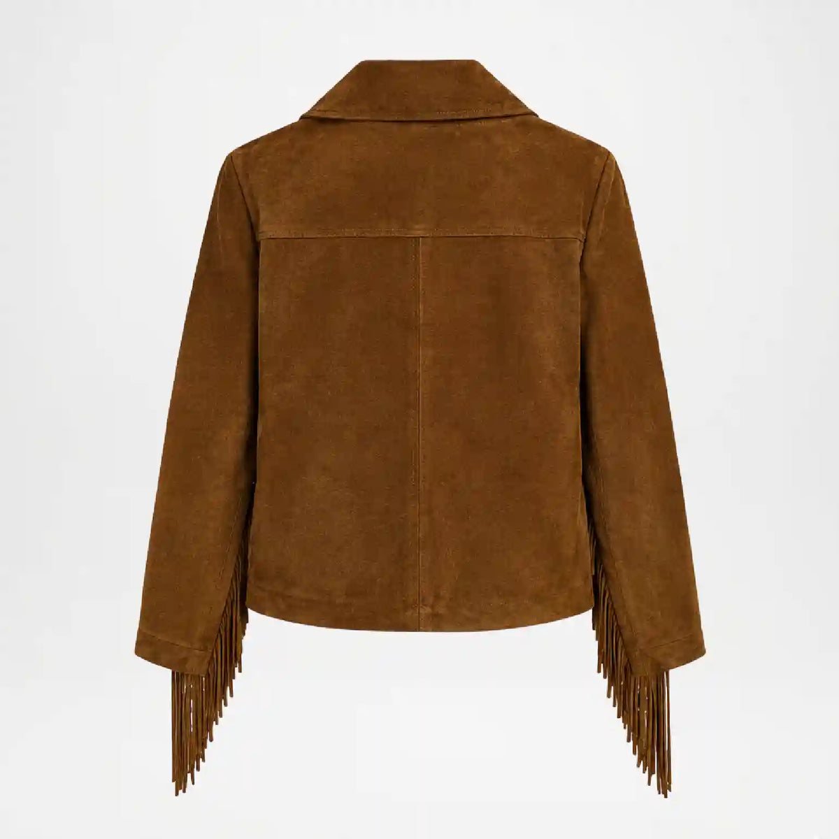 A brown suede fringe jacket shown from the back, featuring a collar and long sleeves with fringe detailing hanging from the cuffs, set against a plain white background.