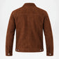 A brown suede jacket shown from the back, featuring a classic collar, vertical seam detailing, and snap-button cuffs and hem, set against a plain white background.