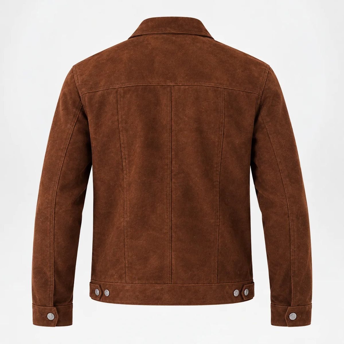 A brown suede jacket shown from the back, featuring a classic collar, vertical seam detailing, and snap-button cuffs and hem, set against a plain white background.