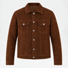 A brown suede jacket with a pointed collar, button-up front, and two buttoned chest pockets, shown on a plain white background.