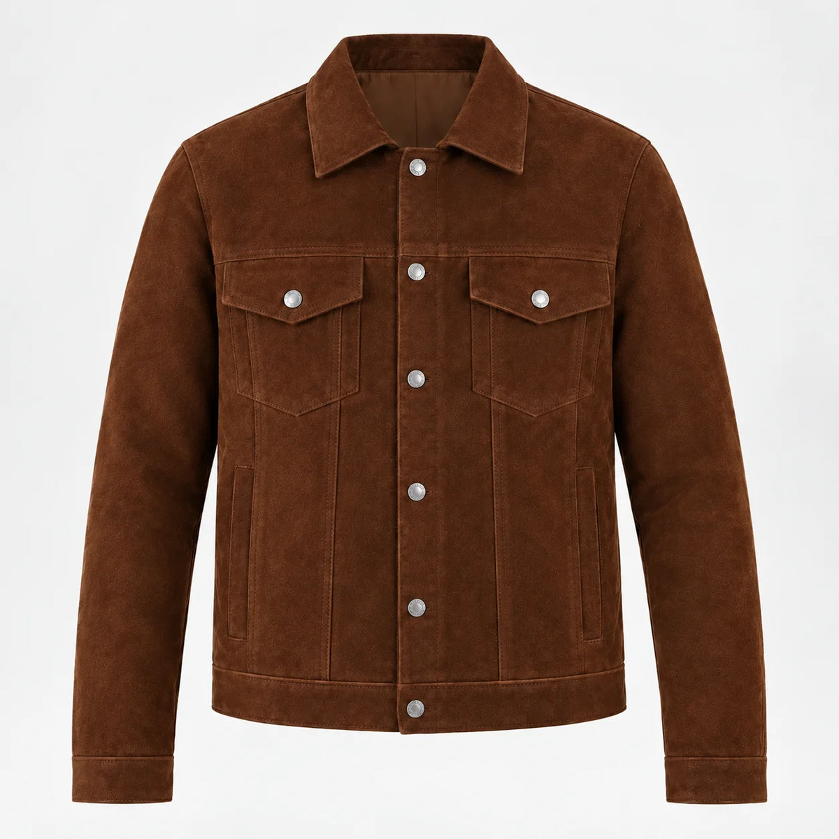 A brown suede jacket with a pointed collar, button-up front, and two buttoned chest pockets, shown on a plain white background.