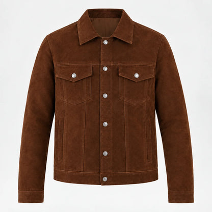 A brown suede jacket with a pointed collar, button-up front, and two buttoned chest pockets, shown on a plain white background.