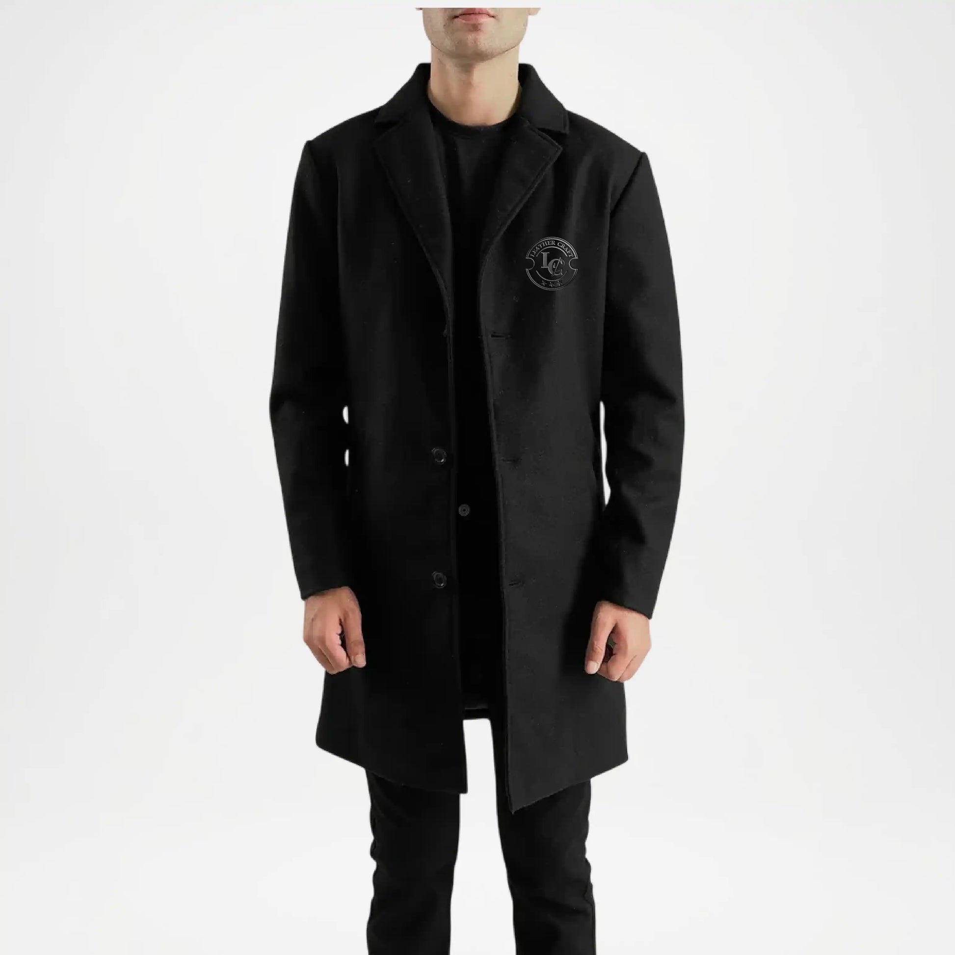 Black wool coat for men with notched lapel collar