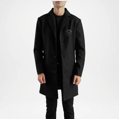 Black wool coat for men with notched lapel collar